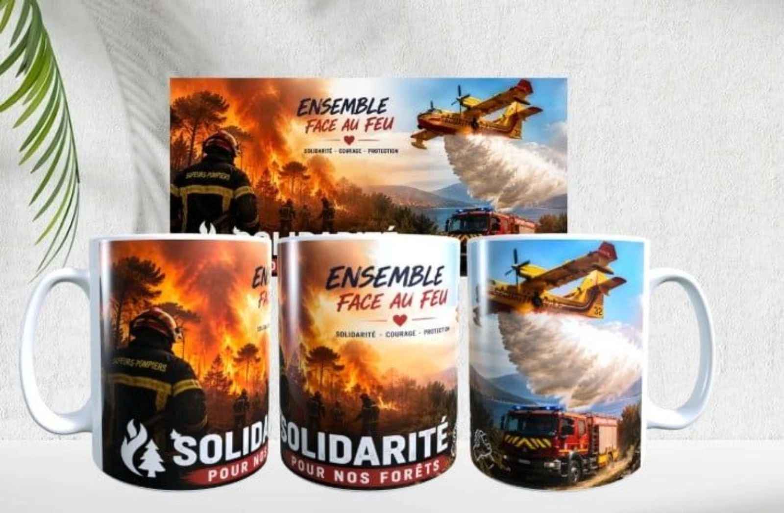 Mug solidarité pompiers, feu de forêt, canadair, courage et dévouement
